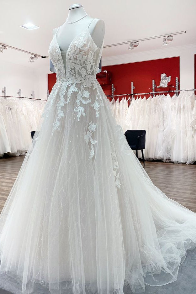 Elegant Princess V-Neck Wedding Gown with Long Spaghetti Straps and Sequined Lace Appliques
