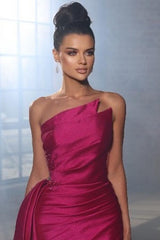 Modern Fuchsia Strapless Prom Dresses Mermaid Sleeveless Pleats WIth Ruffles