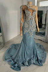 Modern Dusty Blue One Shoulder Long Sleeves Prom Dress Mermaid With Beadings Tassels