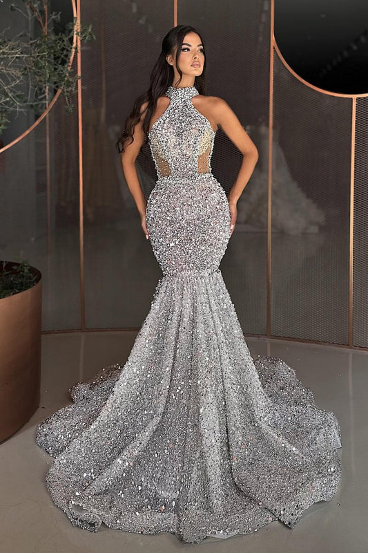 Gorgeous Silver High Neck Sleeveless Mermaid Prom Dress With Sequins