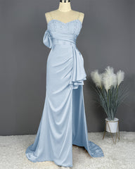 Elegant Spaghetti Straps Split Mermaid Prom Dress Long Pleated Sleeveless Evening Gown with Beading Sequins