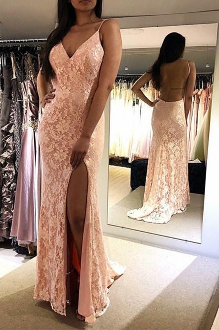 Halter V-Neck Sleeveless Prom Dress Lace With Split