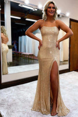 Beautiful Spaghetti Straps Evening Dress With Sequins Slit