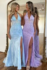 Blue Mermaid Prom Dress Halter V Neck with Split