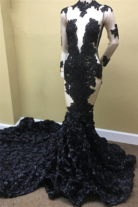 Classy Black Long Sleeves Prom Dress Mermaid Appliques WIth Flowers Bottom