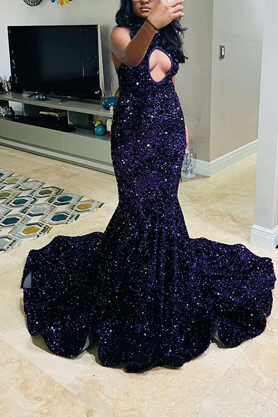 Modern Purple Halter Mermaid Prom Dress With Sequins Sleeveless