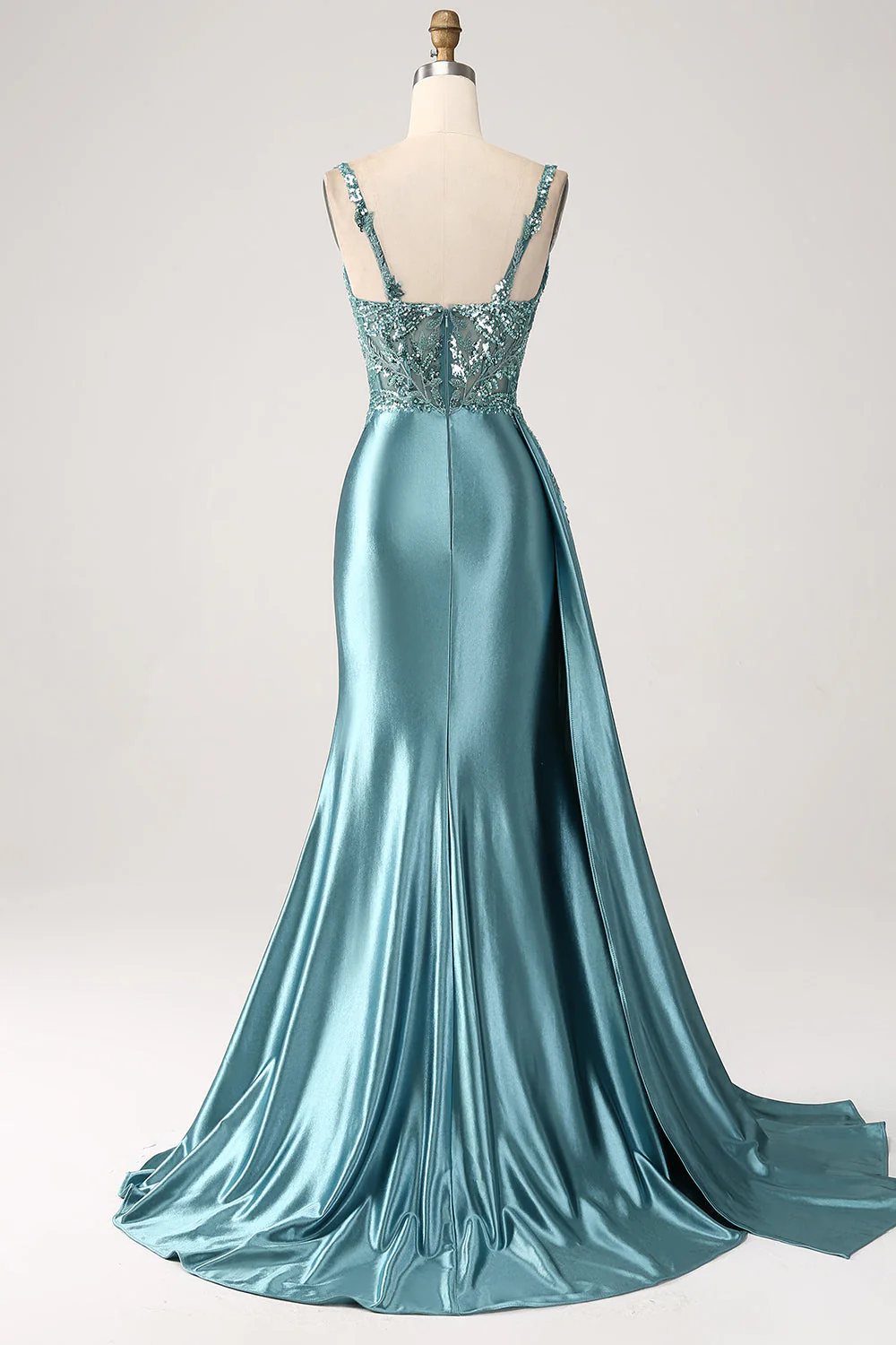 Blue Mermaid Long Spaghetti Strap Prom Dress with Slit
