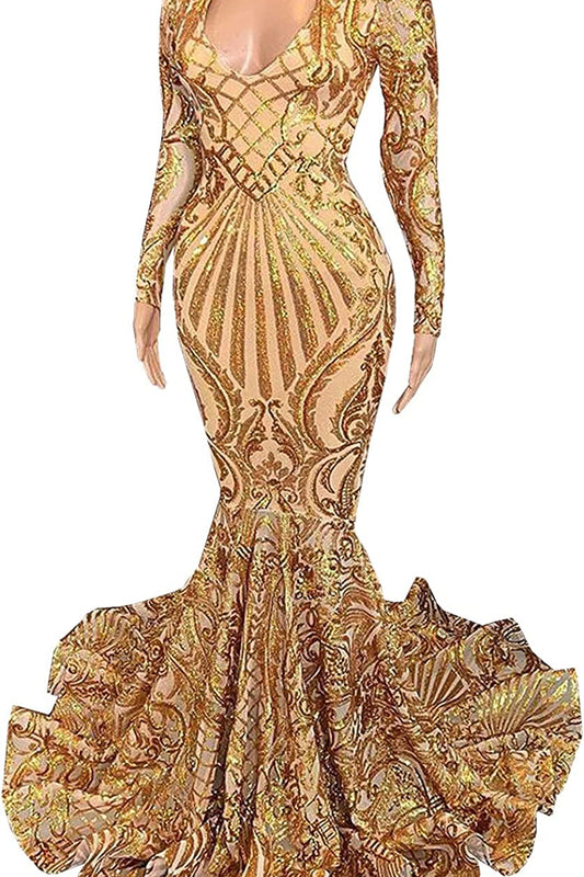 Modern Golden Yellow V-Neck Mermaid Prom Dress With Sequins Long Sleeves