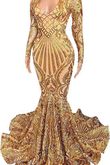 Modern Golden Yellow V-Neck Mermaid Prom Dress With Sequins Long Sleeves