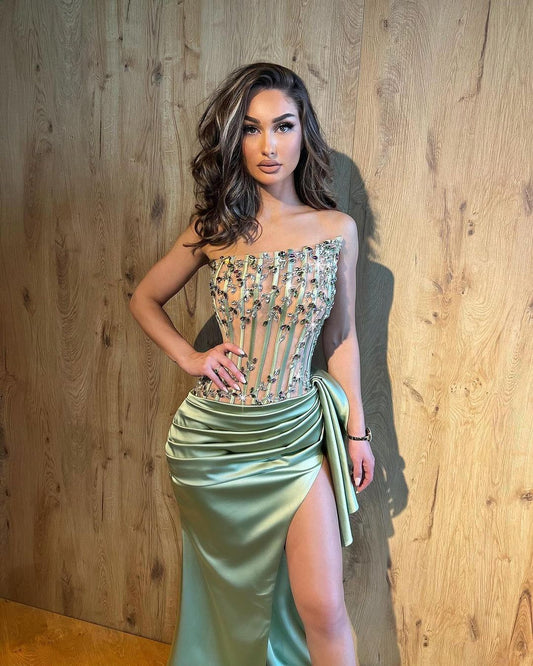 Beautiful Strapless Mermaid Long Prom Dresses Slit With Beads