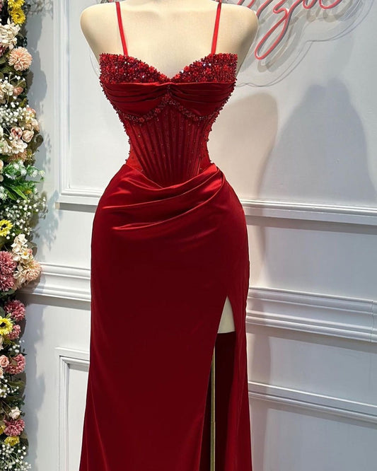 Elegant Red Spaghetti Strap Sheath Mermaid Prom Dress