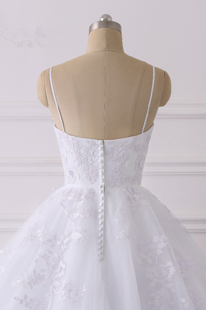 V-Neck Tulle Wedding Dress with Elegant Spaghetti-Straps and Lace Appliques