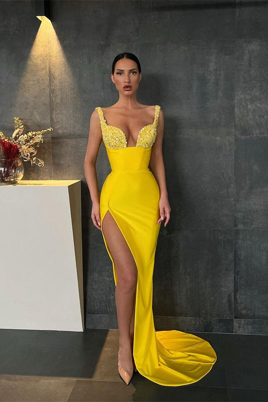 Gorgeous Yellow Sequins Straps Mermaid Prom Dress With Slit
