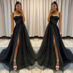 Fabulous Black Spaghetti-Straps Prom Dress Tulle Sleeveless Long With Split