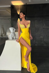 Gorgeous Yellow Sequins Straps Mermaid Prom Dress With Slit