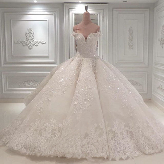 Elegant Off-The-Shoulder Ball Gown Wedding Dress with Beadings