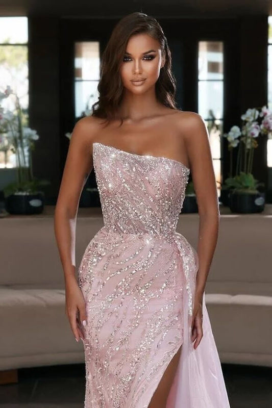Gorgeous Pink Strapless Mermaid Prom Dress Slit Long With Beads