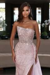 Gorgeous Pink Strapless Mermaid Prom Dress Slit Long With Beads