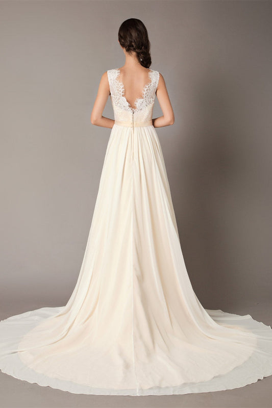 Champagne Chiffon Wedding Gown with Lace