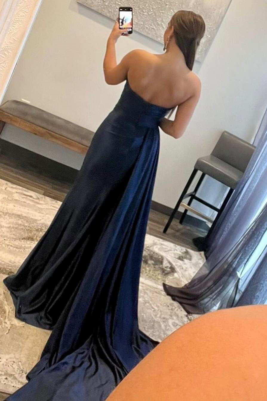 Modern Navy Blue Sweetheart Mermaid Prom Dress Pleats With Split Appliques