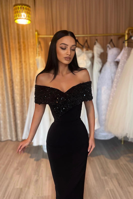 Gorgeous Black Off-the-shoulder Sweetheart Mermaid Prom Dress With Sequins