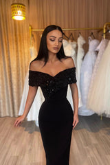 Gorgeous Black Off-the-shoulder Sweetheart Mermaid Prom Dress With Sequins