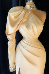One Shoulder Long Sleeves Mermaid Prom Dress Crystals