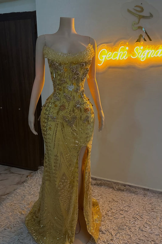 Modern Gold Strapless Beaded Prom Dress Mermaid Split Long With Detachable Skirt