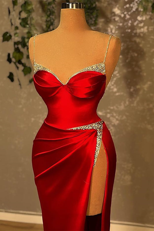 Beautiful Burgundy Spaghetti-Straps Mermaid prom Dress Split With Beads