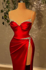 Beautiful Burgundy Spaghetti-Straps Mermaid prom Dress Split With Beads