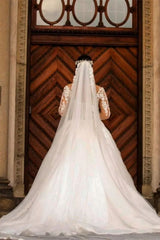 Mermaid Wedding Dress with Detachable Skirt and V-Neck Long Sleeves Lace Appliques