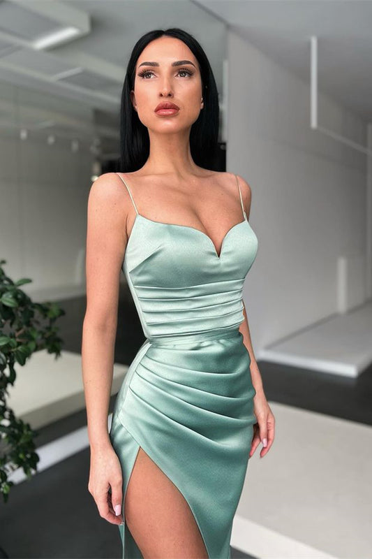 Gorgeous Spaghetti-Straps Dusty Sage Mermaid Prom Dress With Slit