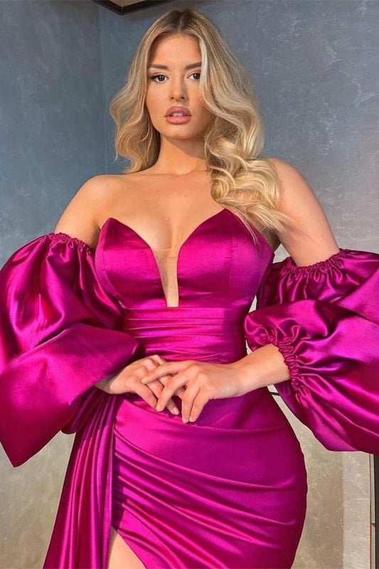 Stunning Fuchsia Mermaid Long Prom Dress Slit Ruffles With Detachable Sleeves