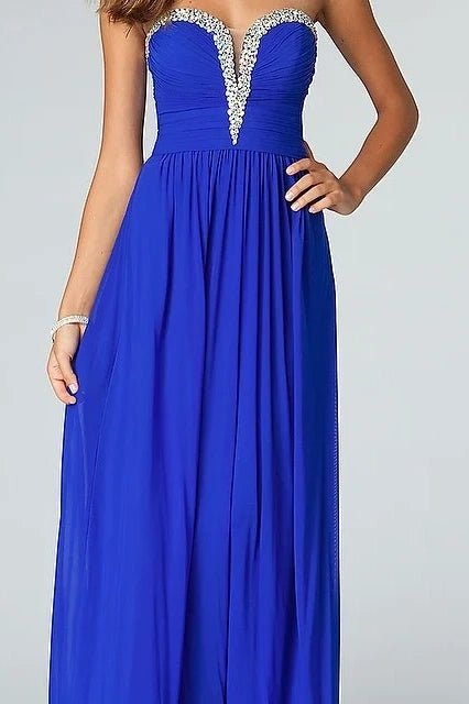 Royal Blue Strapless Sleeveless Deep V-Neck Beads Prom Dress