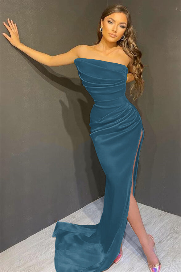Elegant Yellow Sleeveless Mermaid Split Prom Dress with Strapless On Sale