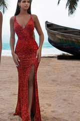Charming Red Sequins Prom Dress Spaghetti-Straps V-Neck Mermaid With Split