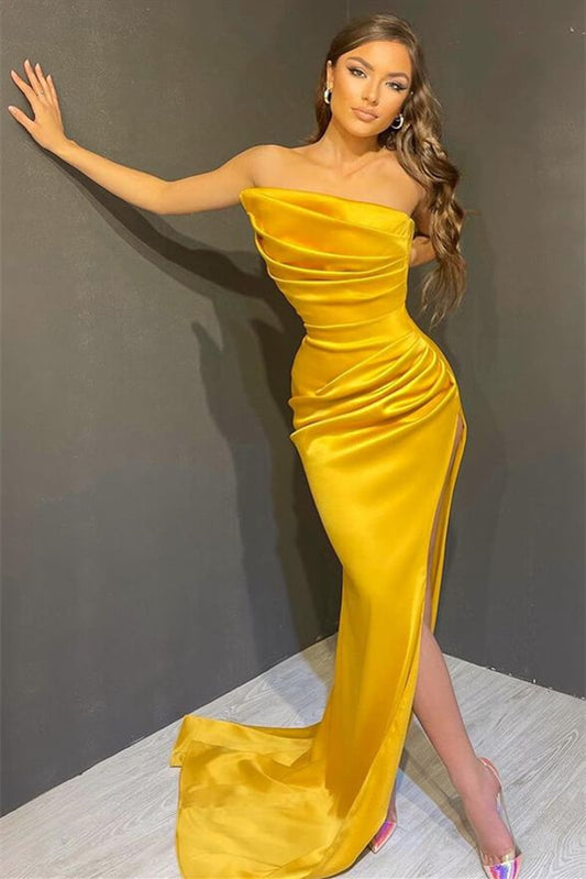 Elegant Yellow Sleeveless Mermaid Split Prom Dress with Strapless On Sale