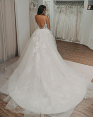 Elegant Long V-neck A-line Wedding Dress Featuring a Tulle Open Back