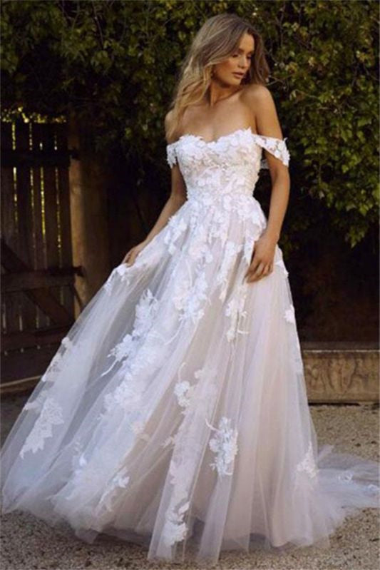 Off-the-Shoulder A-Line Bridal Gown in Tulle with Lace Appliques