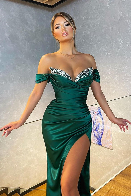 Classic Dark Green Off-the-Shoulder Mermaid Prom Dress Split With Beadings