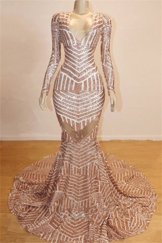 Charming Long Sleevess V-Neck Shinning Sequined Prom Dress Mermaid Long