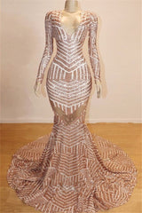 Charming Long Sleevess V-Neck Shinning Sequined Prom Dress Mermaid Long
