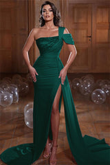 Glamorous One Shoulder Mermaid Sequins Evening Dress with Slit Ruffles