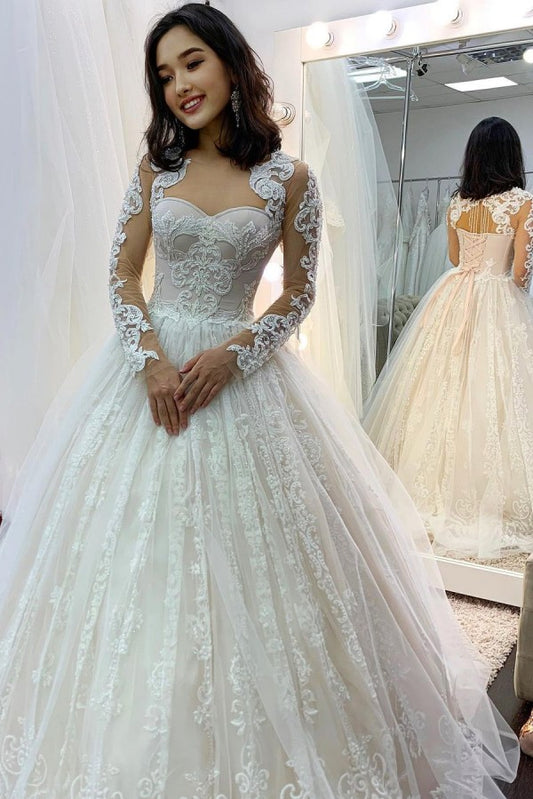 Sweetheart Backless Lace Wedding Dress with Long Sleeves and Tulle Appliques