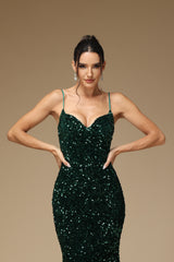Dark Green Prom Dress Sequins Spaghetti Strap Mermaid Sleeveless