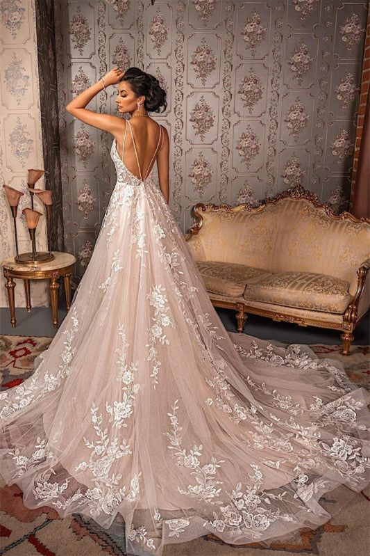 A-Line Wedding Dress with V-Neck and Sleeveless Tulle Lace Appliques