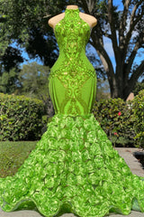 Green Prom Dress Halter Open Back Mermaid Sleeveless Dress With Flower Appliques