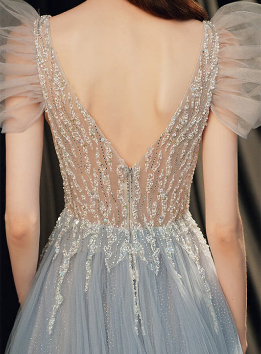 Gorgeous Bubble Sleeves V-Neck Prom Dresses Tulle Long With Beads