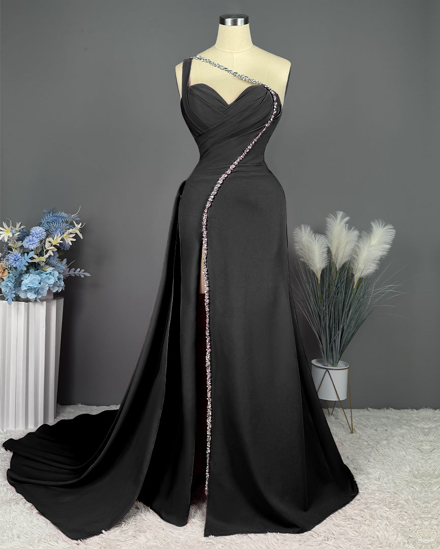 Fuchsia Evening Dress Long One Shoulder With Slit Pleated Beadings