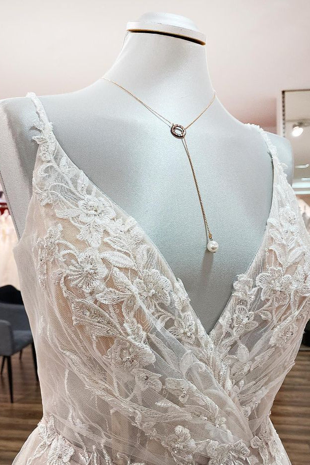Elegant Backless V-Neck A-Line Wedding Gown with Ruffles and Sleeveless Design